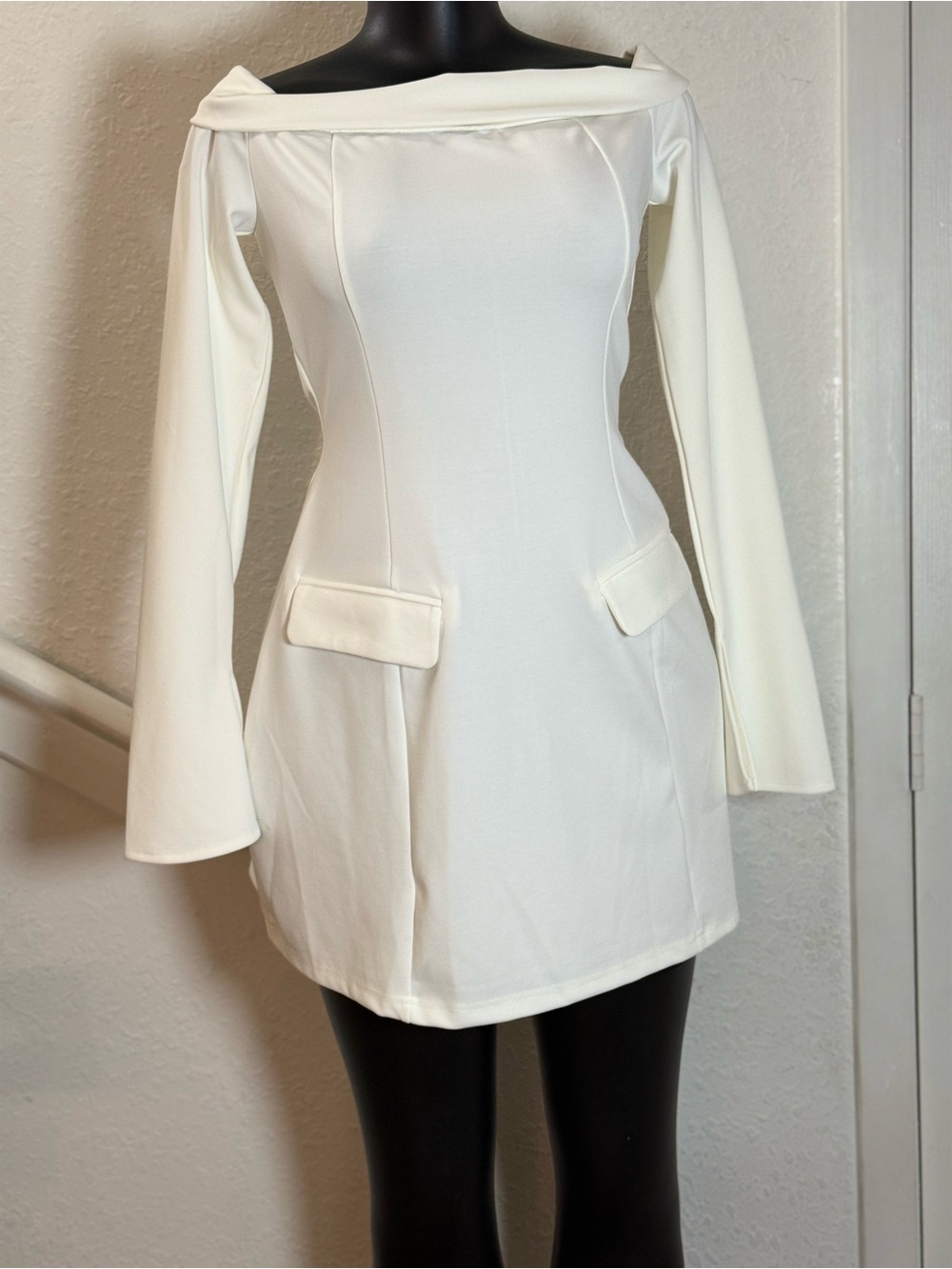 Elegant Off-Shoulder Cream Mini Dress with Flap Pockets